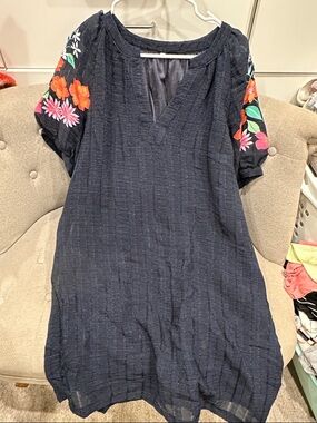 Women's Navy Embroidered Sleeve Tunic Top/Dress
